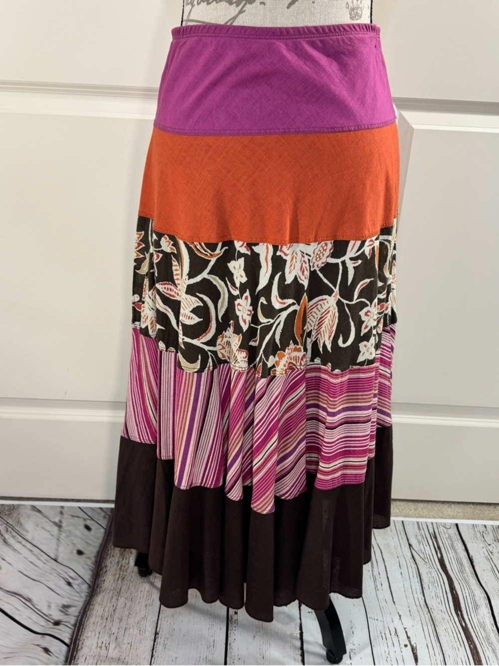 Necessary Objects Pink, Orange & Brown Patchwork Multi Media Midi Skirt Medium